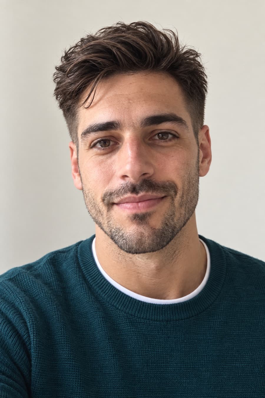 Ryan restyled: low taper quiff, shaped stubble and a deep-teal knit